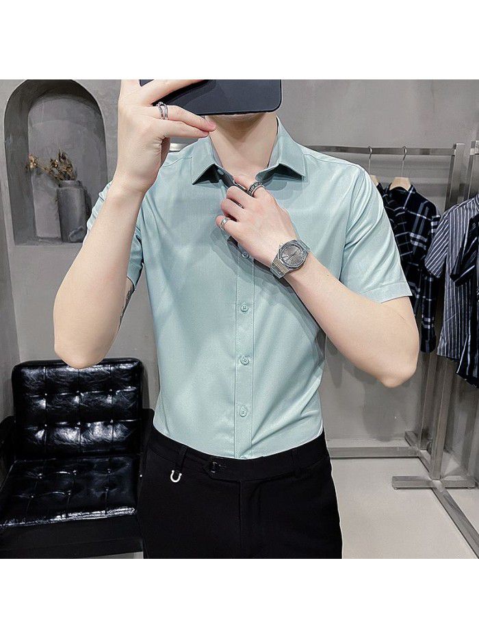  summer new men's Short Sleeve Shirt Korean casual Lapel Plaid professional thin short sleeve shirt men's 