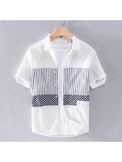 Fashion splicing summer new men's shirt strip...