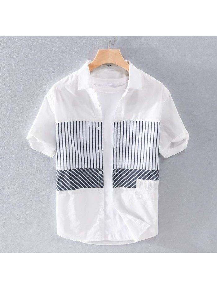 Fashion splicing summer new men's shirt stripe casual loose art small fresh thin cotton shirt 9738 