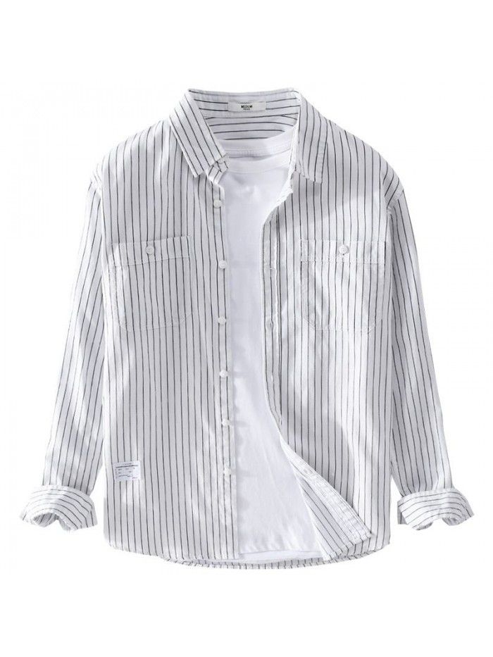 Handsome men's fashion striped long sleeve shirt Japanese fresh simple versatile cotton popular young men's shirt 9398 