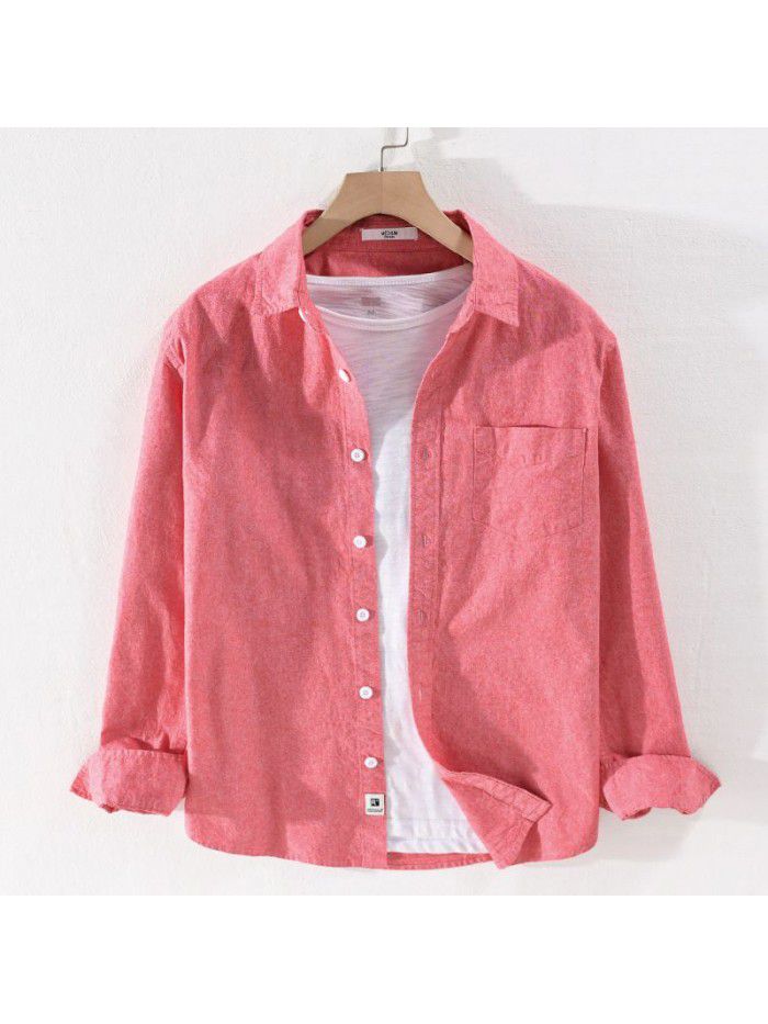 Men's casual simple four seasons Cotton Long Sleeve Shirt loose youth versatile pure color art cotton shirt 9422 