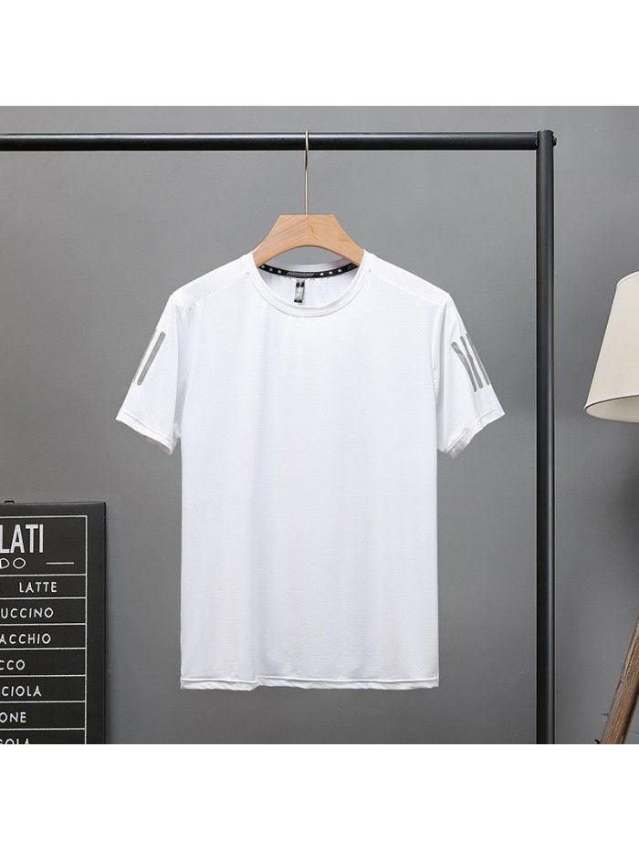 Ice silk breathable short sleeve t-shirt men's summer solid color quick drying T-shirt bottom coat round neck top dress summer dress large size 