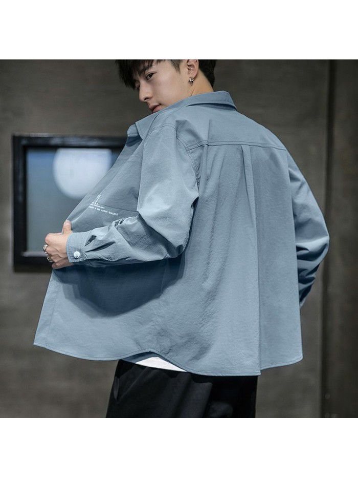  spring new Hong Kong Style Long Sleeve Shirt Korean fashion casual men's shirt national fashion cardigan men's shirt 