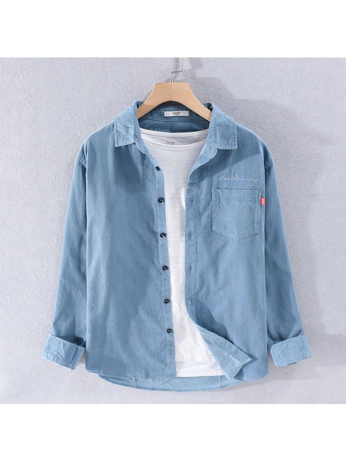 Spring and autumn men's shirt casual classic corduroy long sleeve shirt Japanese retro pure cotton trendy men's 9402 
