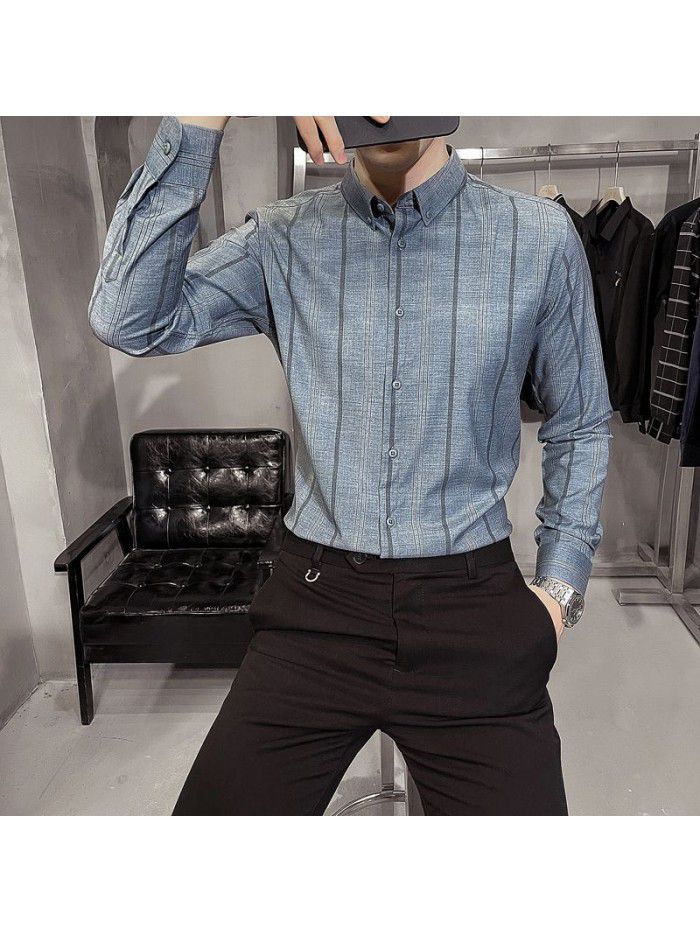  spring and summer shirt men's Korean version slim Lapel men's Striped Shirt Men's casual business professional shirt 