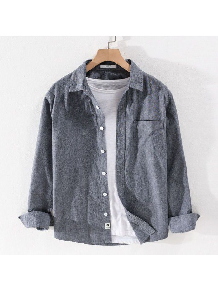 Men's casual simple four seasons Cotton Long Sleeve Shirt loose youth versatile pure color art cotton shirt 9422 