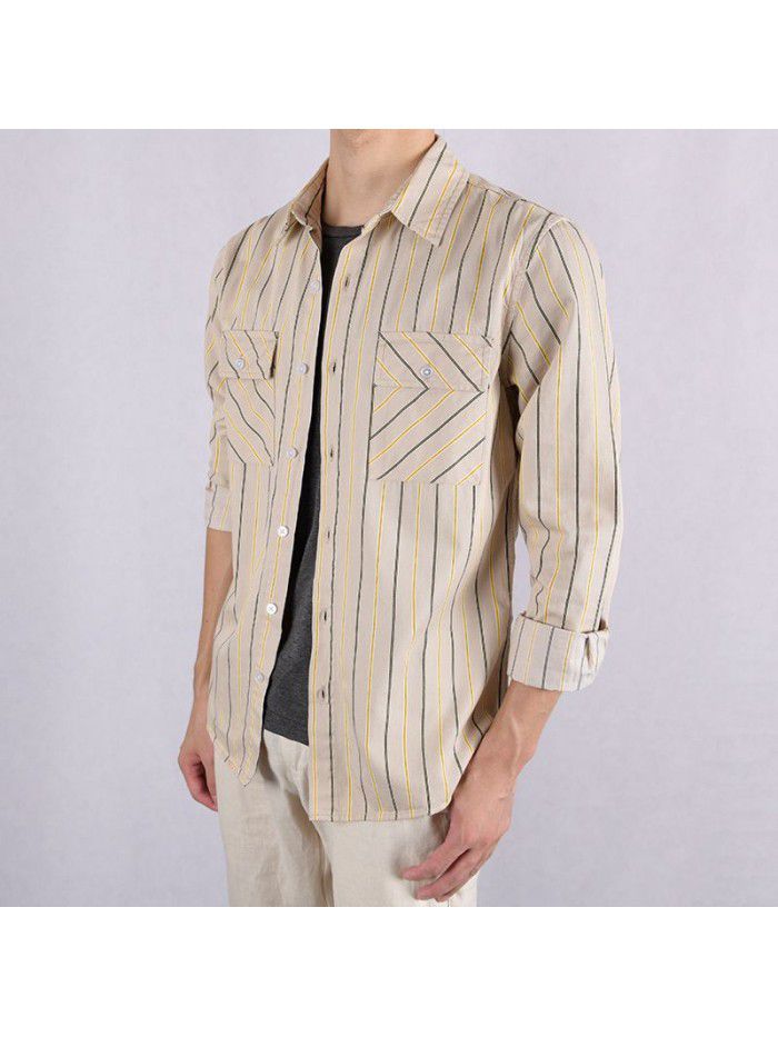 Men's spring and autumn casual stripe Japanese and Korean fashion shirt pure cotton loose and handsome versatile fashionable men's cotton shirt 9345 