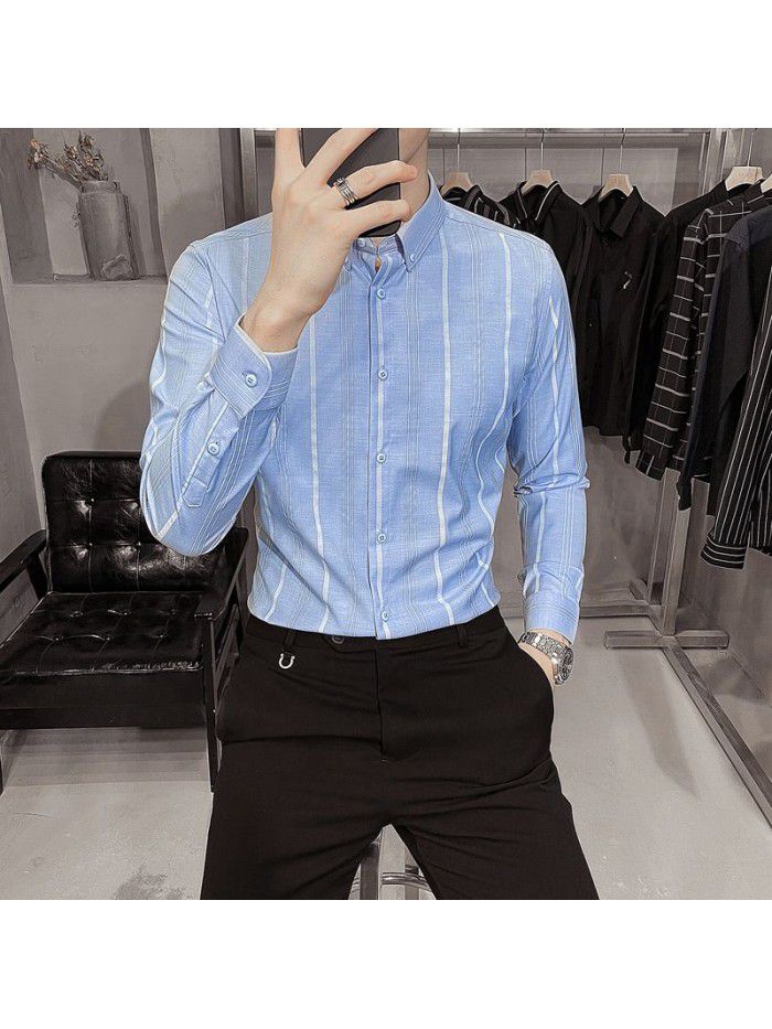  spring and summer shirt men's Korean version slim Lapel men's Striped Shirt Men's casual business professional shirt 