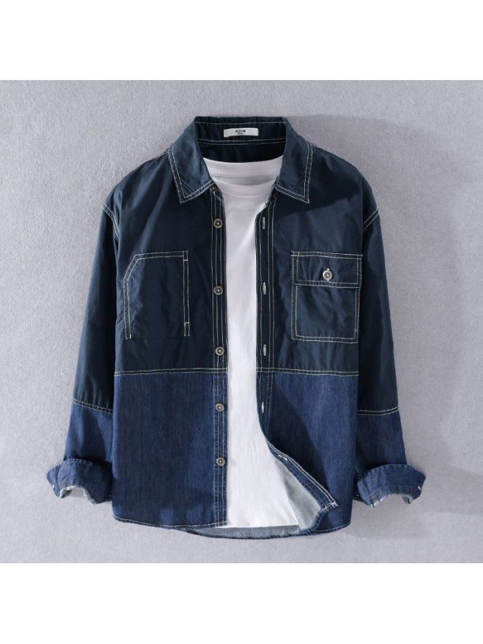 Spring and autumn men's casual Japanese retro stitched cotton shirt popular loose long sleeve youth trendy men's cotton shirt 9355 
