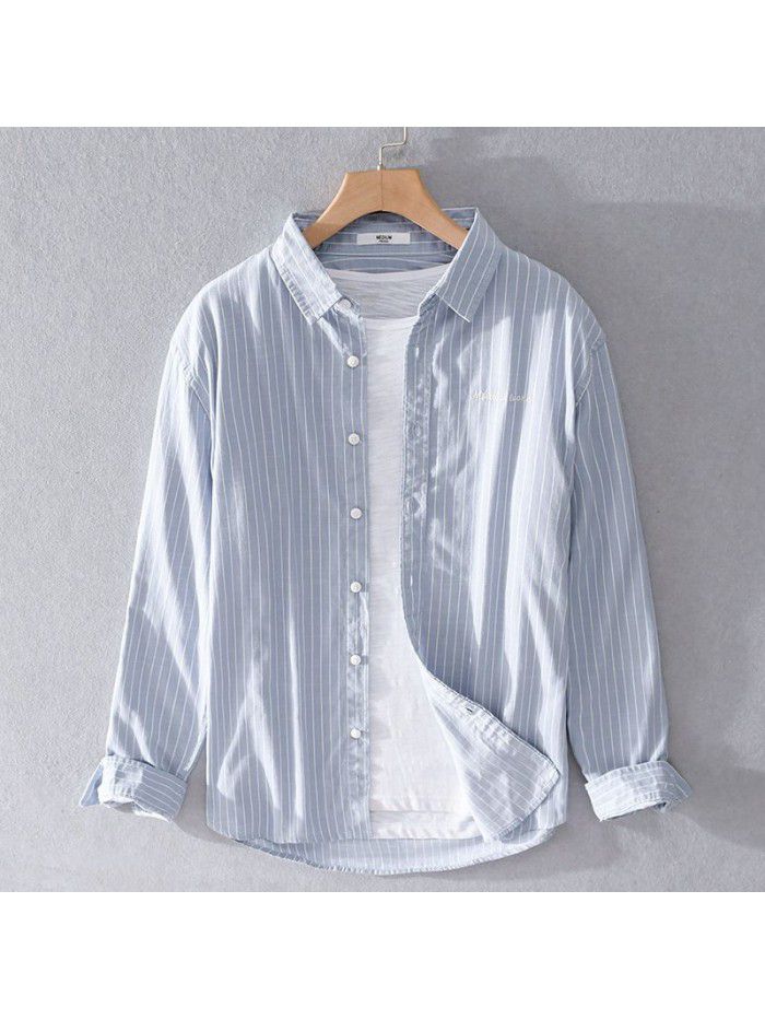  new striped men's long sleeve shirt fresh literary model Korean pure cotton leisure fashion men's shirt 9306 
