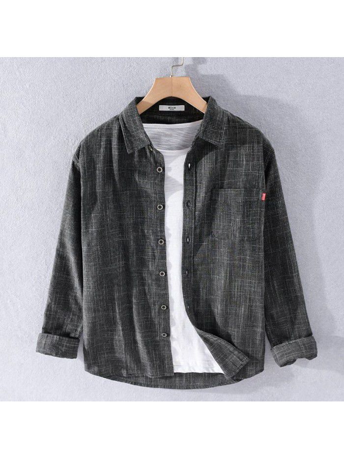 Four seasons men's fashion cool long sleeve shirt Japanese fresh fashion men's cotton simple shirt simple 9391 