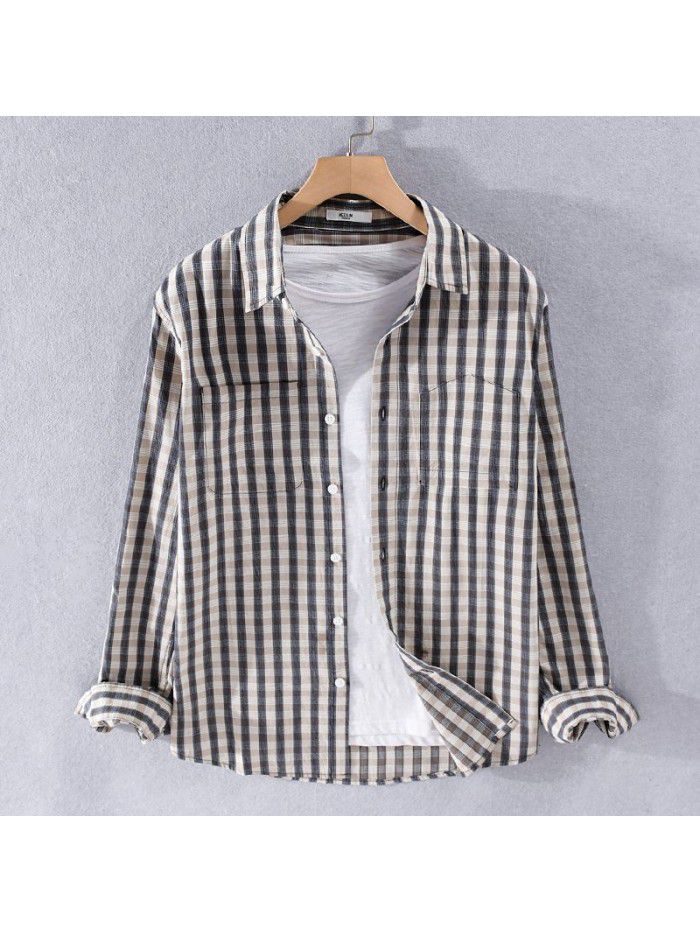 In spring and autumn, men's small Plaid literature and art leisure long sleeve shirt is popular, Japanese small fresh pure cotton shirt 9403 