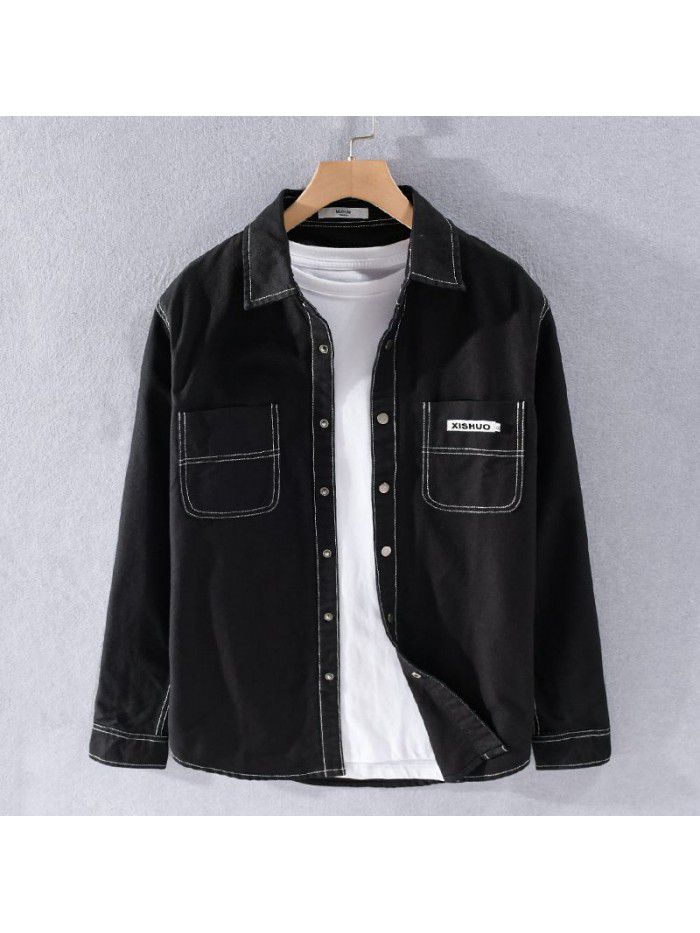 Spring and autumn men's long sleeve shirt Japanese retro trend men's coat black cotton casual cool top 9415 