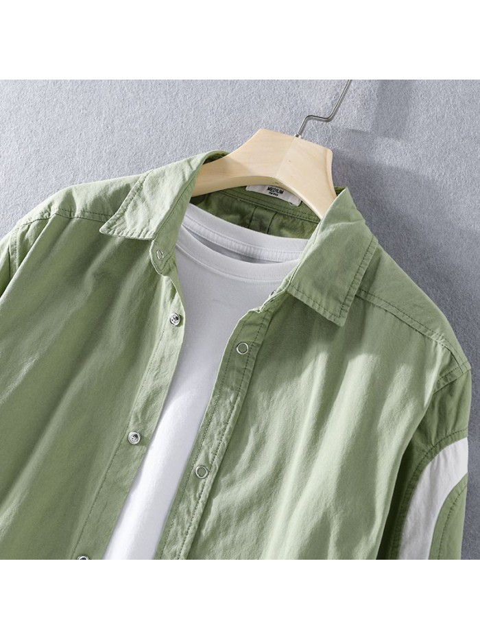 New casual men's long sleeve cotton shirt trend splicing color contrast retro youth shirt 9449 