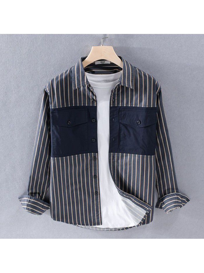 Japanese casual long sleeve men's shirt fashion stripe youth cotton shirt fashion men's color matching top 9730 