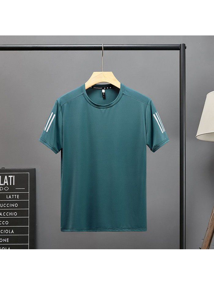 Ice silk breathable short sleeve t-shirt men's summer solid color quick drying T-shirt bottom coat round neck top dress summer dress large size 