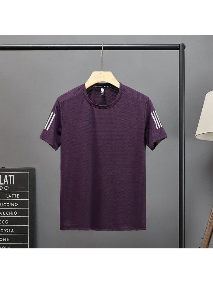 Ice silk breathable short sleeve t-shirt men's summer solid color quick drying T-shirt bottom coat round neck top dress summer dress large size 