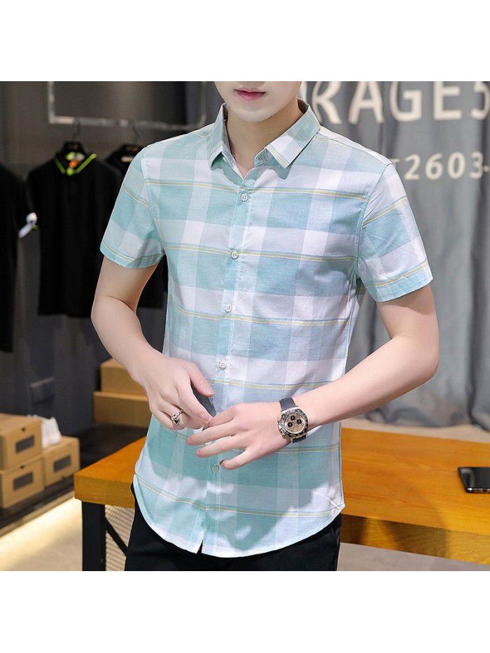  summer new men's short sleeve shirt fashion men's casual Plaid Lapel shirt cardigan men's thin top 