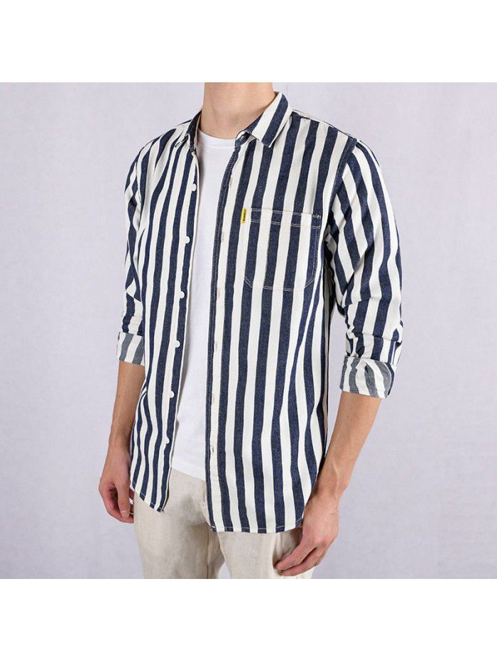 Men's Japanese fresh casual striped cotton shirt trend versatile fashion coat youth art cotton shirt 9724 