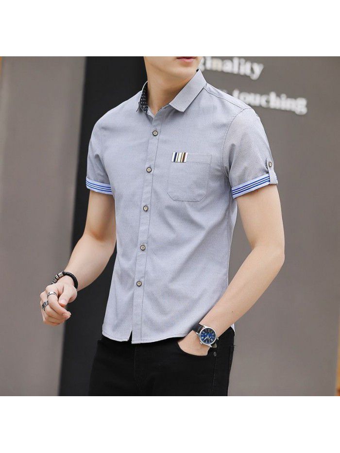 Men's shirt popular in summer of , Korean version, slim fit, solid color, versatile half sleeve shirt, men's shirt, one hair substitute 