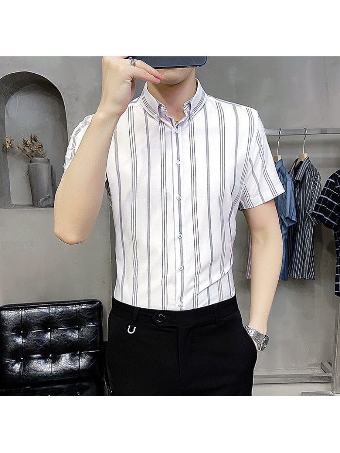  summer new men's Short Sleeve Shirt Korean casual Lapel Plaid professional thin short sleeve shirt men's 