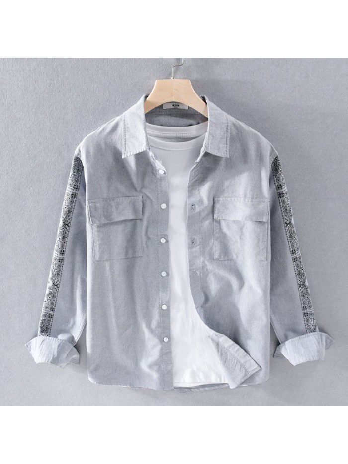 Men's Japanese comfortable printing long sleeve cotton shirt spring new trend handsome youth art shirt 9443 