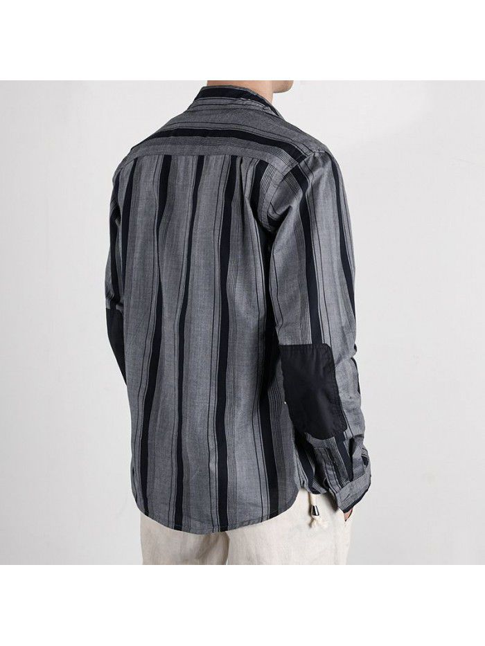 Japanese fashion men's casual LONG SLEEVE SHIRT COTTON irregular stripe patchwork retro popular men's shirt 9387 