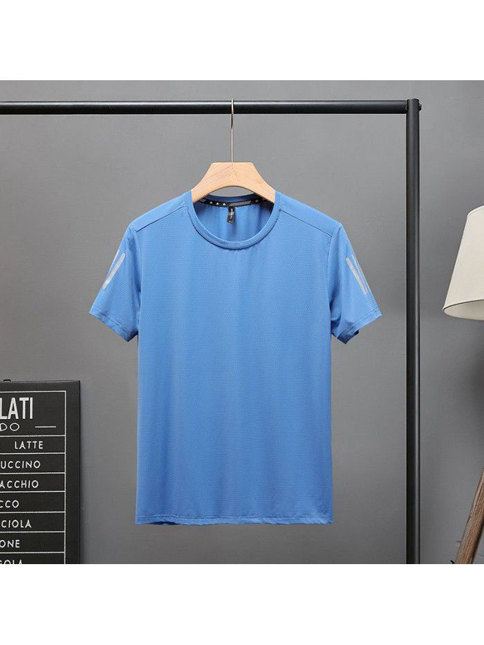 Ice silk breathable short sleeve t-shirt men's summer solid color quick drying T-shirt bottom coat round neck top dress summer dress large size 