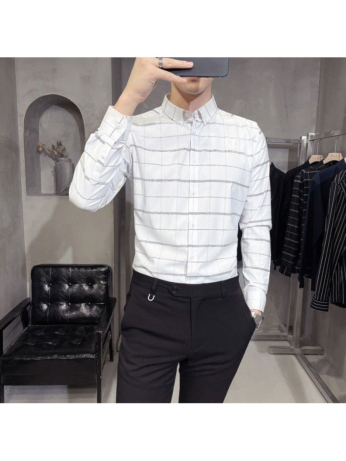  spring and summer shirt men's Korean version slim Lapel men's Striped Shirt Men's casual business professional shirt 