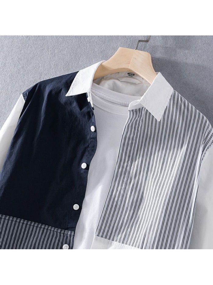 Spring men's new color matching cotton shirt youth leisure fresh cool comfortable bottomed men's shirt 9729 
