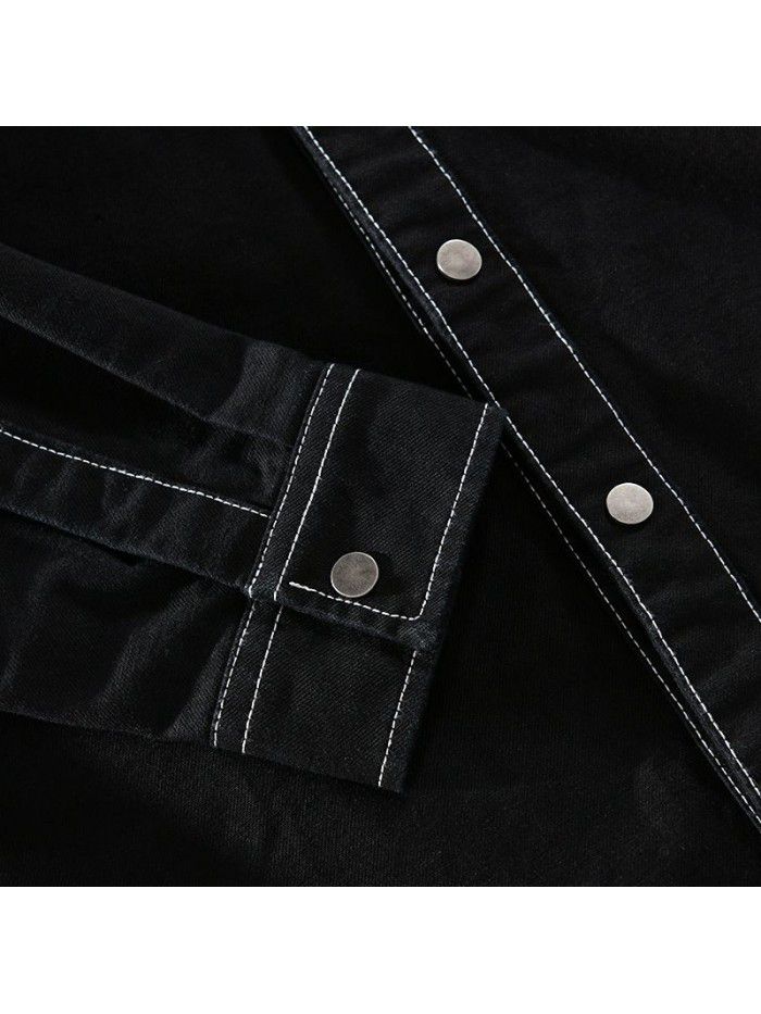 Spring and autumn men's long sleeve shirt Japanese retro trend men's coat black cotton casual cool top 9415 