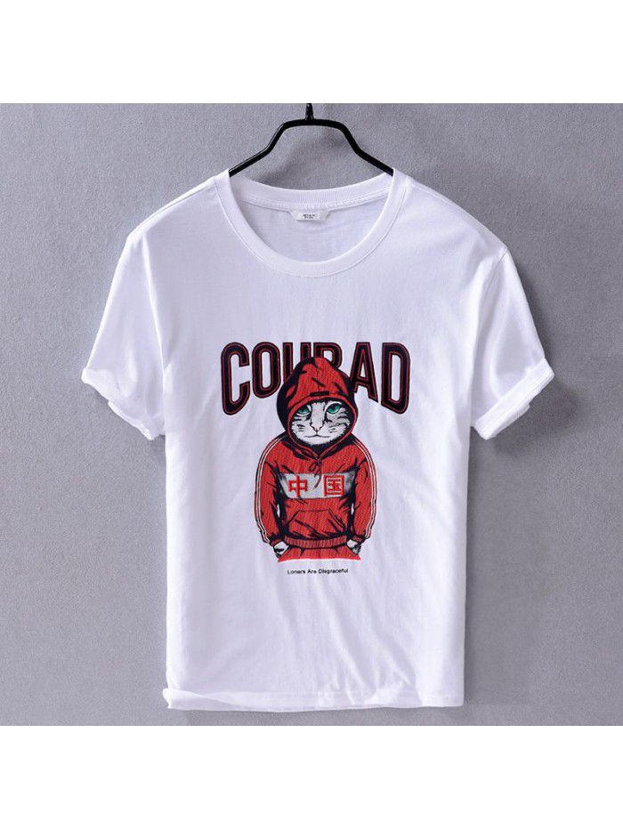 New summer cotton short sleeve men's T-shirt kitten letter printing loose men's casual T-shirt 8909 