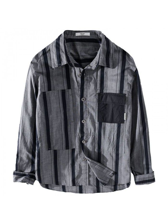 Japanese fashion men's casual LONG SLEEVE SHIRT COTTON irregular stripe patchwork retro popular men's shirt 9387 