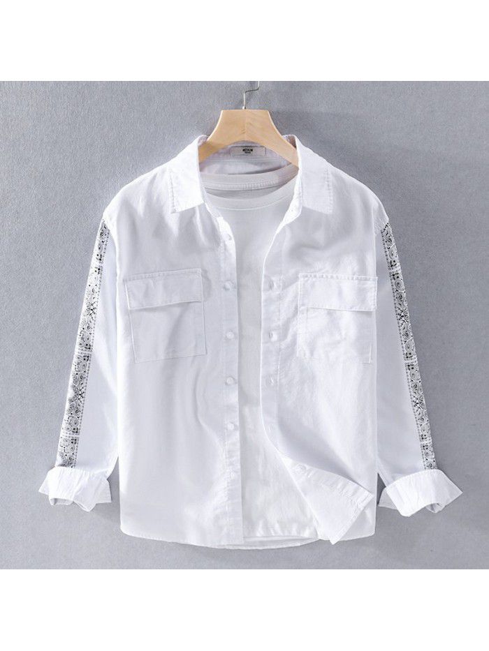 Men's Japanese comfortable printing long sleeve cotton shirt spring new trend handsome youth art shirt 9443 