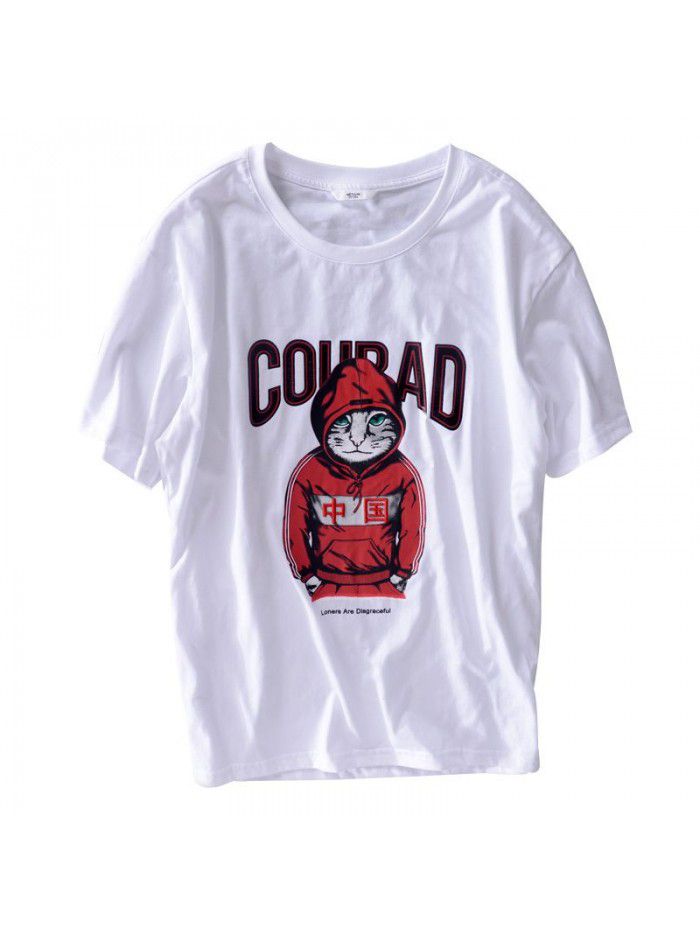 New summer cotton short sleeve men's T-shirt kitten letter printing loose men's casual T-shirt 8909 
