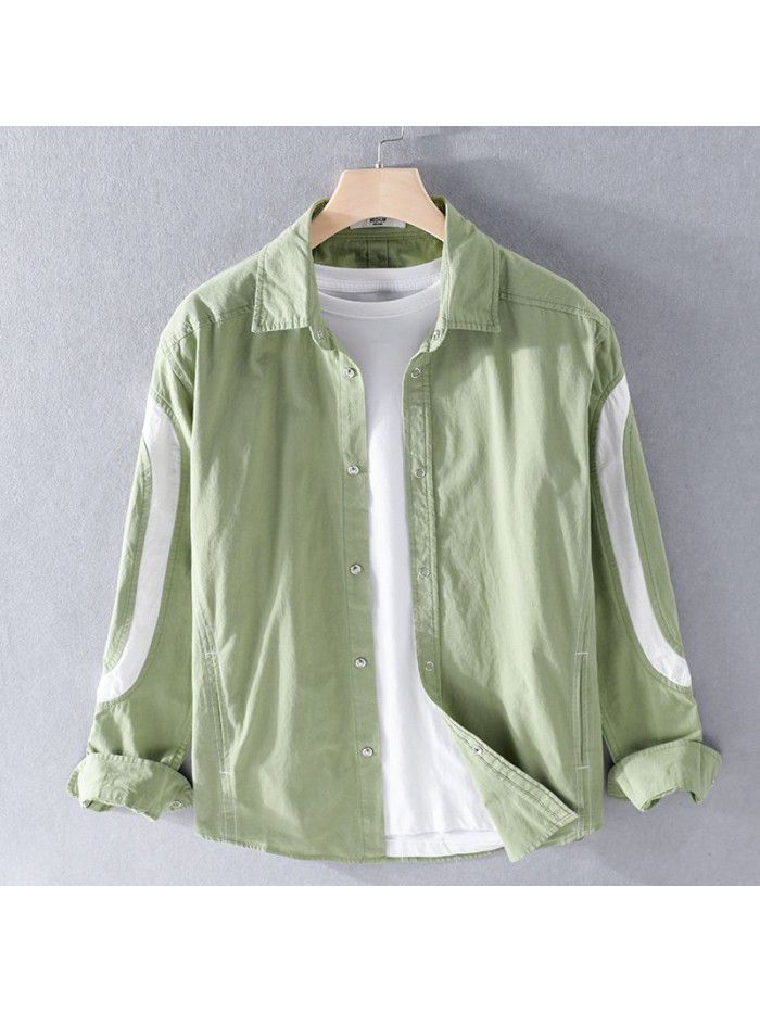 New casual men's long sleeve cotton shirt trend splicing color contrast retro youth shirt 9449 