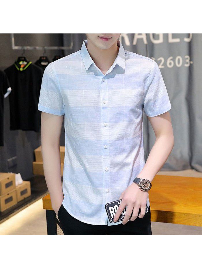  summer new men's short sleeve shirt fashion men's casual Plaid Lapel shirt cardigan men's thin top 