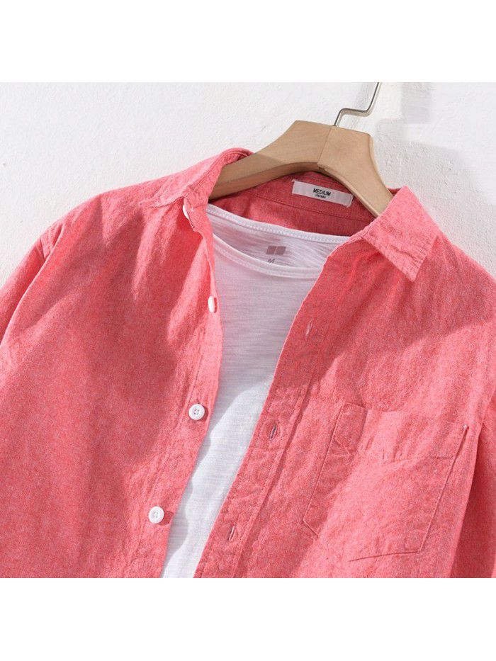 Men's casual simple four seasons Cotton Long Sleeve Shirt loose youth versatile pure color art cotton shirt 9422 