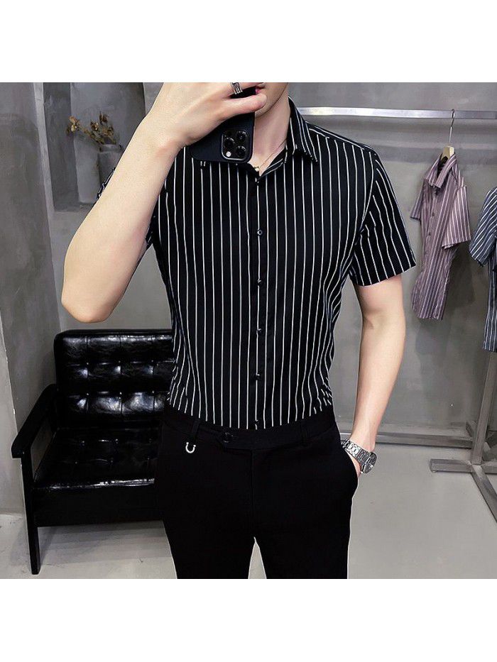  summer new men's Short Sleeve Shirt Korean casual Lapel Plaid professional thin short sleeve shirt men's 