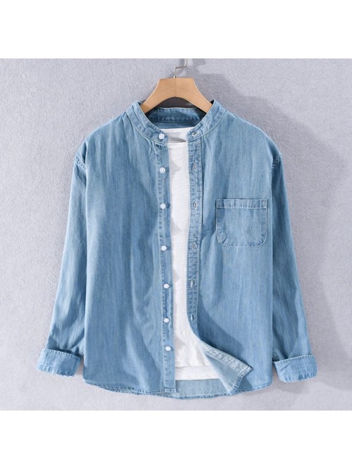Japanese fashion long sleeve denim shirt men'...