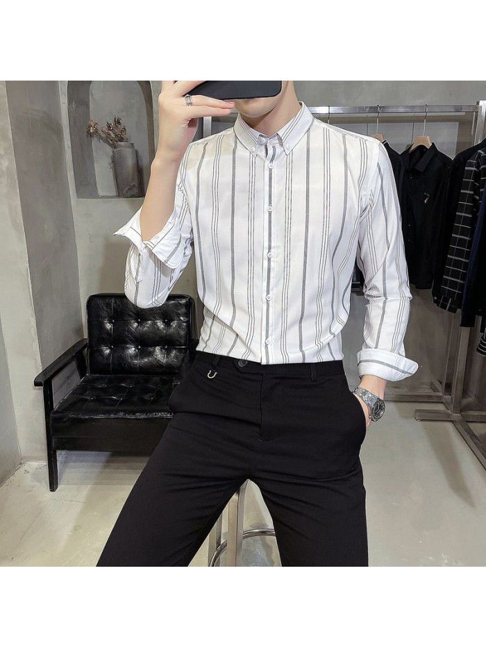  spring and summer shirt men's Korean version slim Lapel men's Striped Shirt Men's casual business professional shirt 