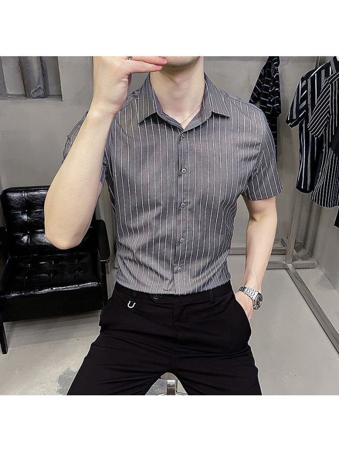  summer new men's Short Sleeve Shirt Korean casual Lapel Plaid professional thin short sleeve shirt men's 