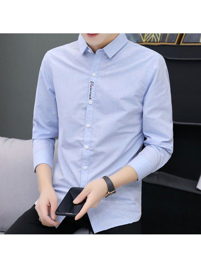 new men's leisure Long Sleeve Shirt Youth slim fit no iron shirt men's Korean fashion student 
