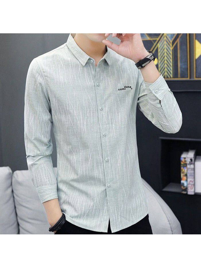 new men's leisure Long Sleeve Shirt Youth slim fit no iron shirt men's Korean fashion student 