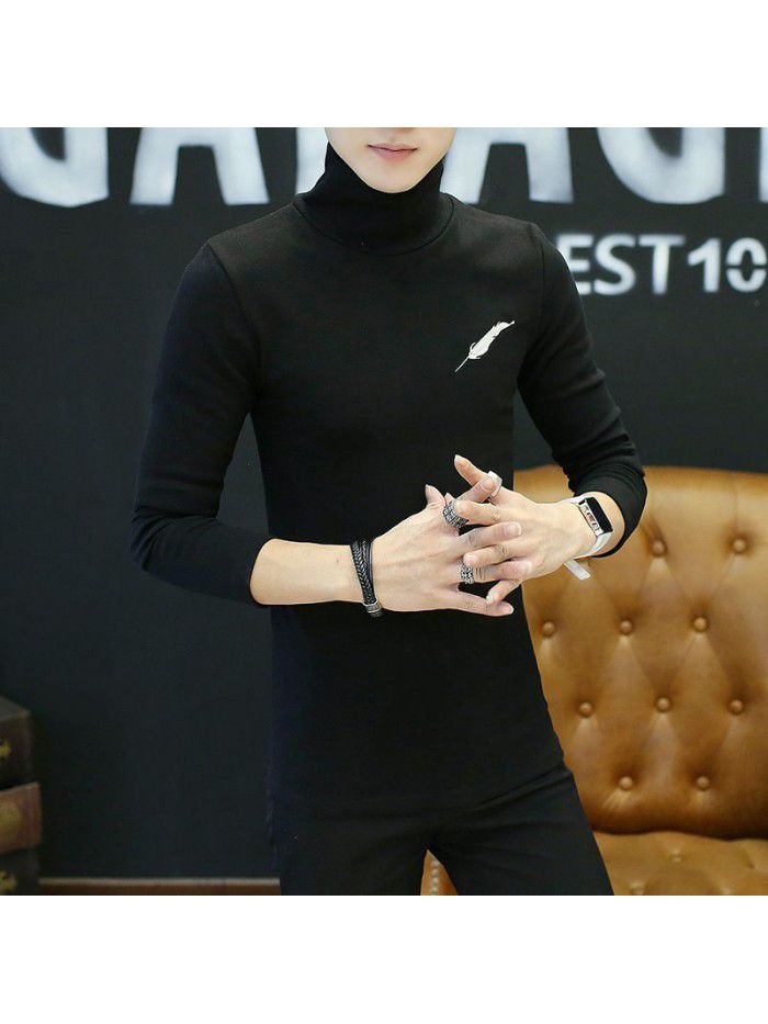 autumn new youth t-shirt Korean leisure student feather embroidery Plush long sleeve high collar T-shirt male 