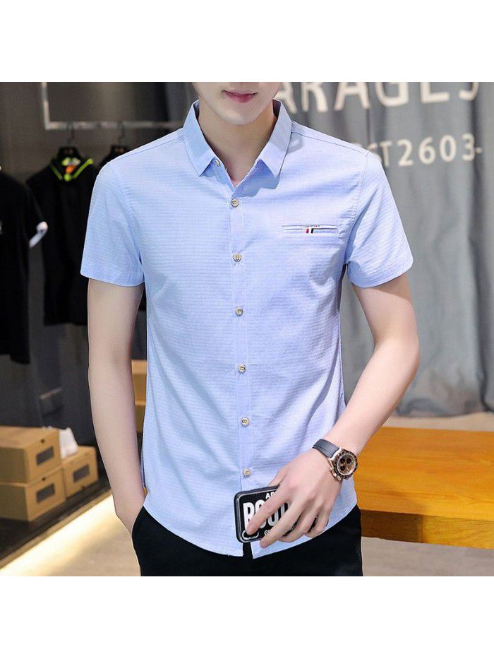  summer new men's short sleeve shirt fashion men's casual Plaid Lapel shirt cardigan men's thin top 