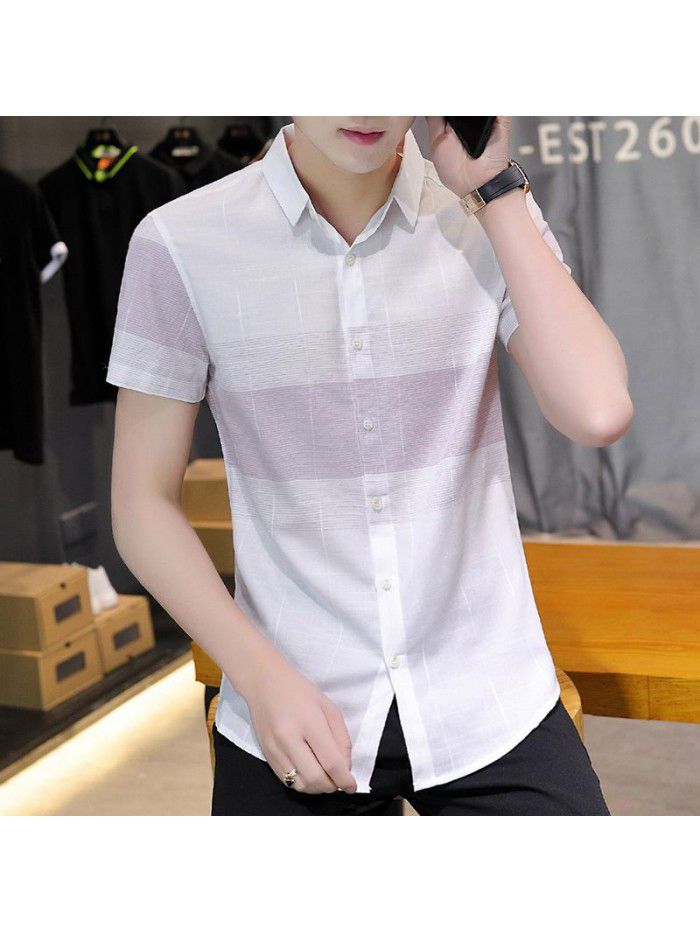  summer new men's short sleeve shirt fashion men's casual Plaid Lapel shirt cardigan men's thin top 