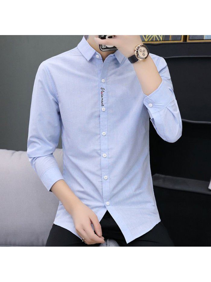 new men's leisure Long Sleeve Shirt Youth slim fit no iron shirt men's Korean fashion student 