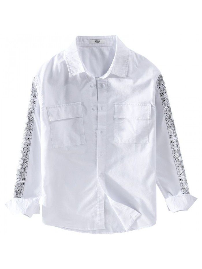 Men's Japanese comfortable printing long sleeve cotton shirt spring new trend handsome youth art shirt 9443 