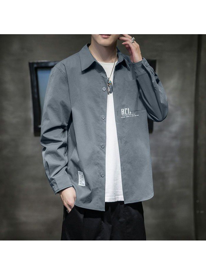 spring new Hong Kong Style Long Sleeve Shirt Korean fashion casual men's shirt national fashion cardigan men's shirt 